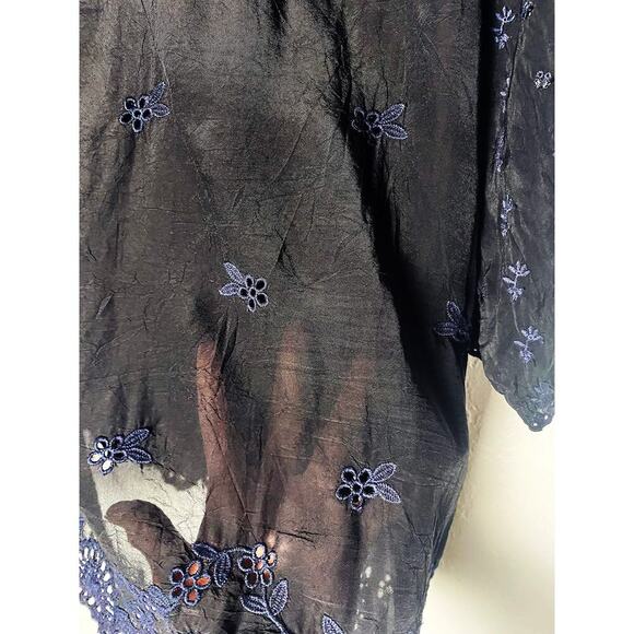 Johnny Was Women's V Neck Blouse Tunic Black Navy Eyelet Bohemian Hippie Sheer - Picture 3 of 7
